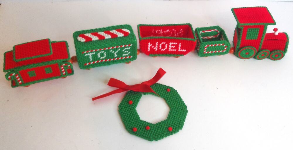 Vintage Plastic Canvas Christmas Train With Wreath